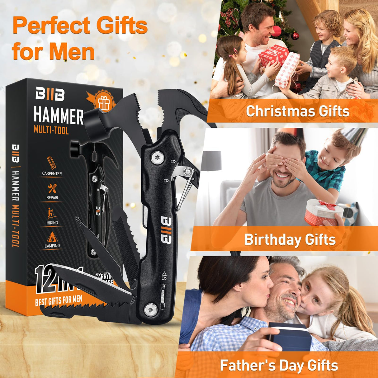 BIIB Gifts for Men, 12 in 1 Hammer Multitool, Anniversary Birthday Gifts for Men, Mens Gifts for Him Dad Husband Boyfriend, Dad Gift for Mens Who Have Everything, Camping Essentials Survival Gear Tool