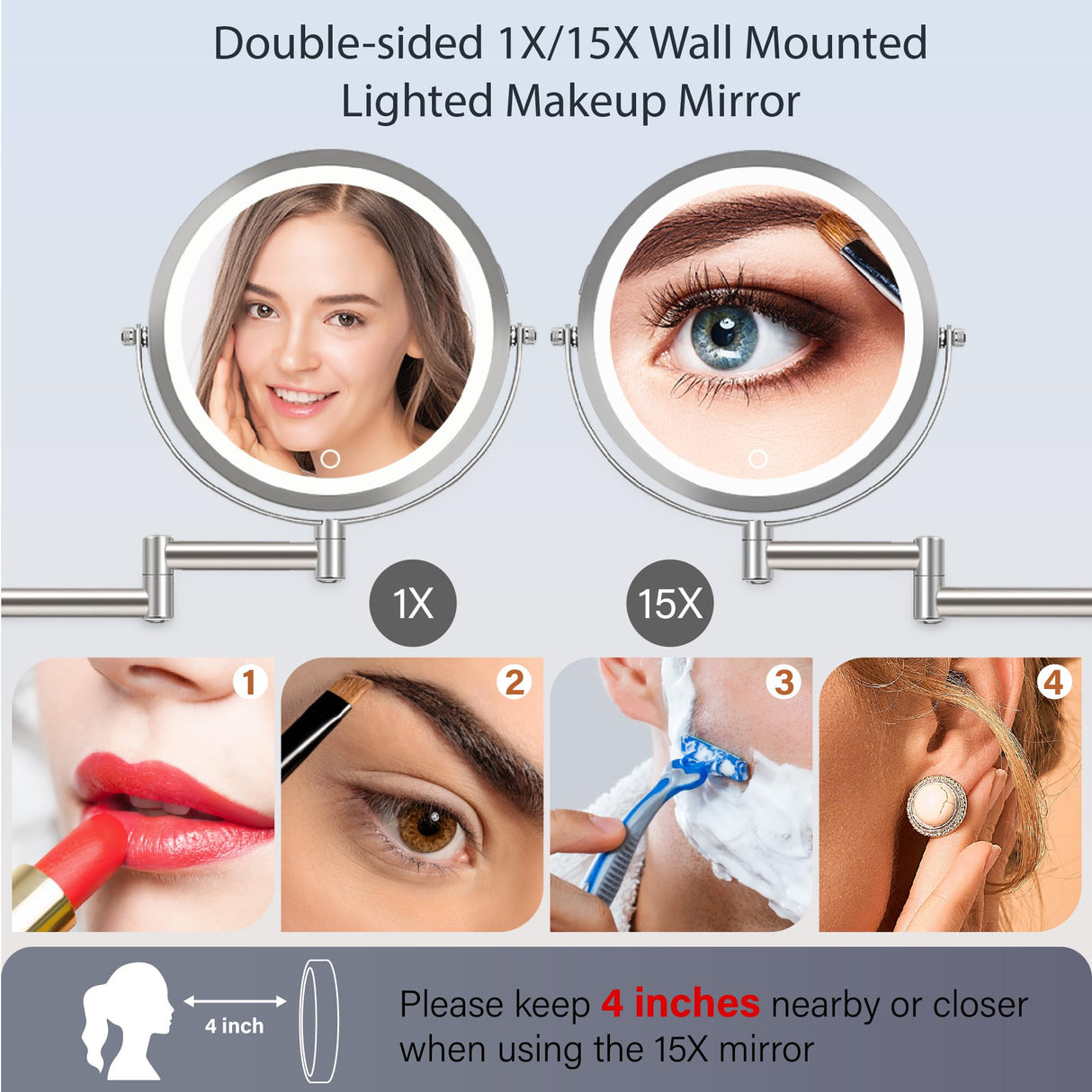 9" Large 15X Rechargeable Wall Mounted Lighted Makeup Mirror Nickel, 5000mAh HD Magnifying Mirror with 3 Color Bright Lights Touch Screen Dimmable, 17" Extendable 360° Swivel Bathroom Vanity Mirror