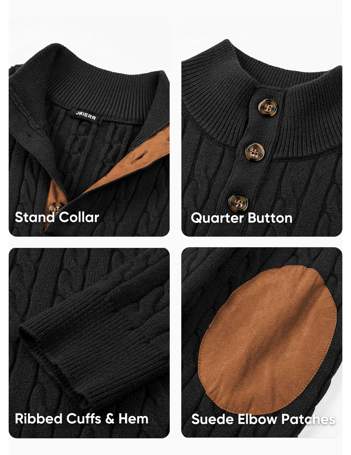 JMIERR Men's Cable Knit Slim Fit Casual Long Sleeve Essentials Soft Touch Button Stand Collar Wool Christmas Sweaters, M, Black