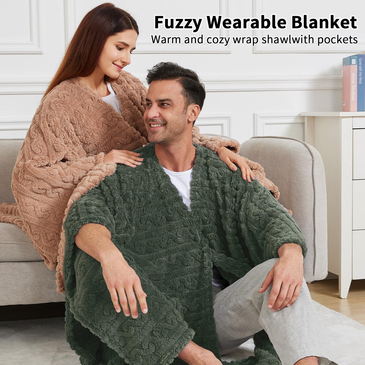 Dgsfmi Wearable Blanket Poncho Cape Wrap for Adult, Cozy Sherpa Fleece Pocketed Shawl TV Throw Blankets for Office and Lounge,Green