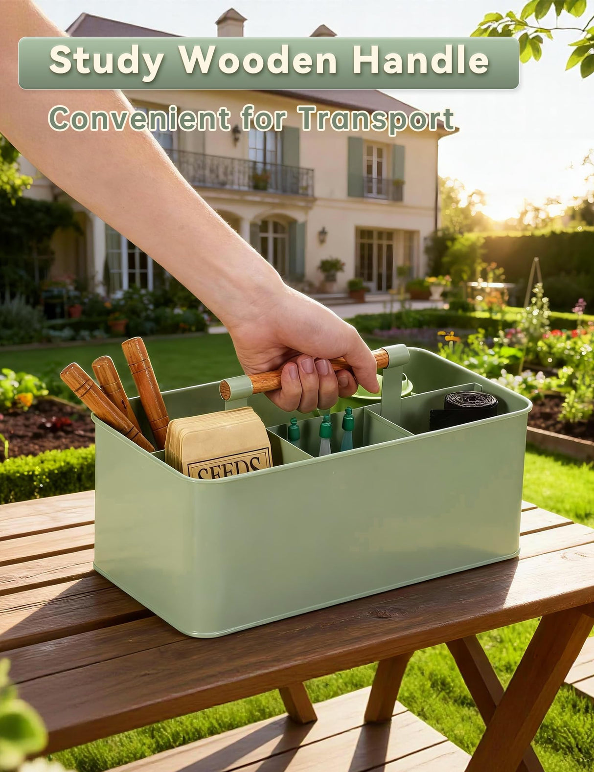Candco Gardening Tool Caddy, Garden Tool Basket with 4 Compartments, Metal Garden Caddy with Wooden Handle for Indoor & Outdoor