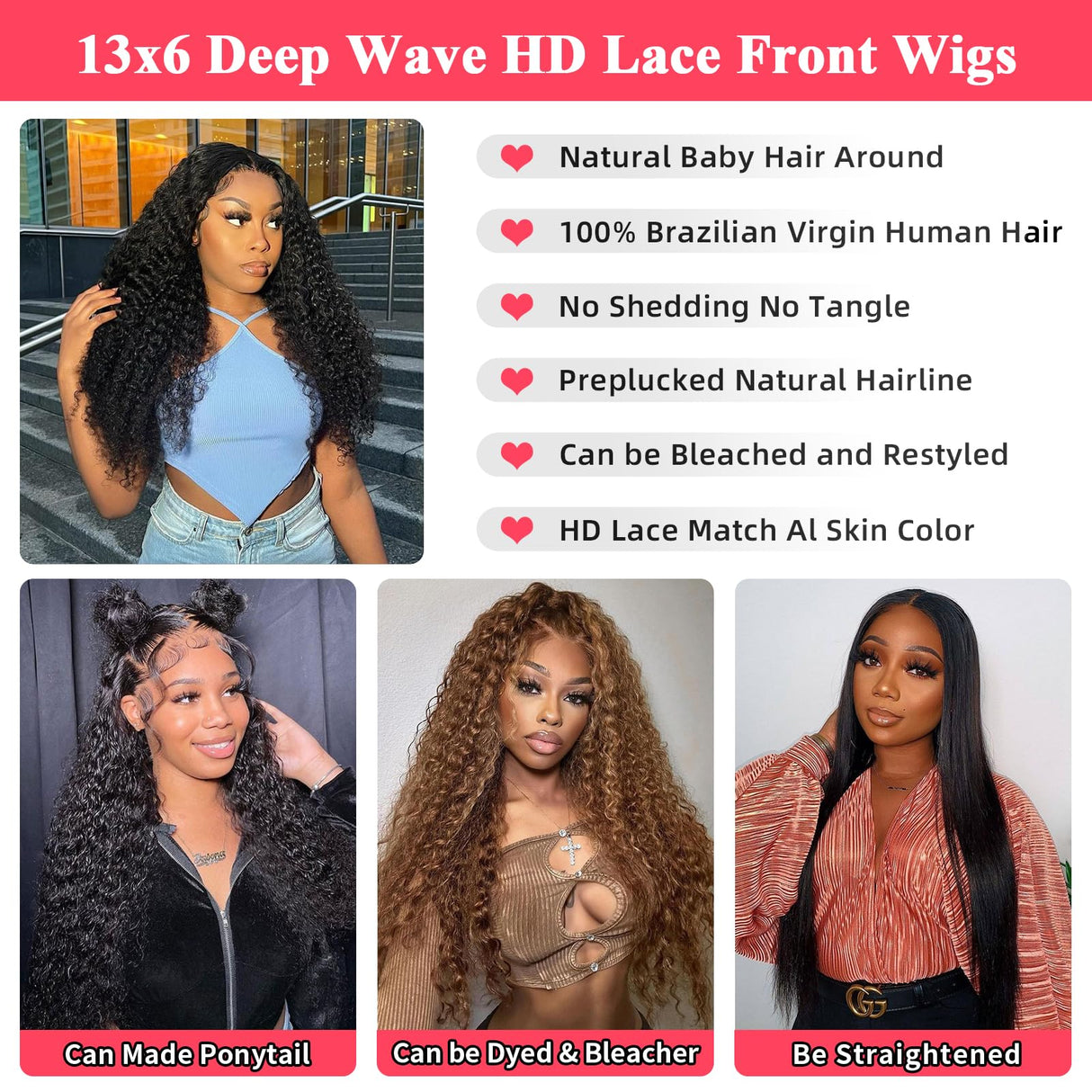 30 Inch 13x6 Deep Wave Lace Front Wigs Human Hair for Women HD Transparent Deep Curly Lace Frontal Wigs Human Hair Pre Plucked with Baby Hair Natural color