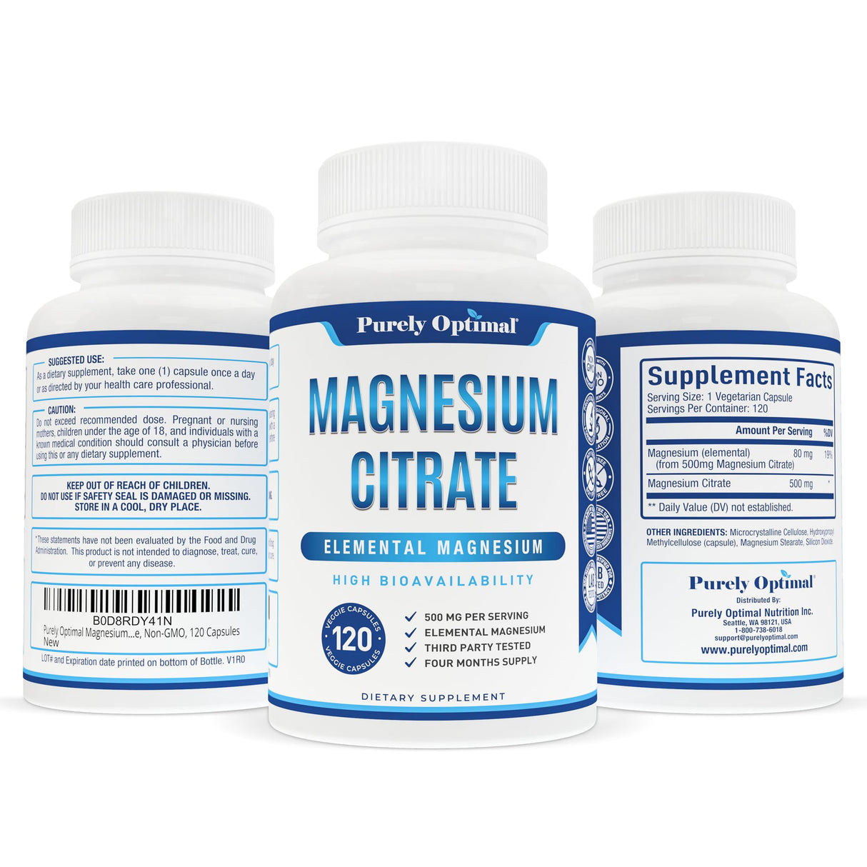 Purely Optimal Magnesium Citrate 500mg – Digestive Health, Gentle Constipation Relief, Sleep Support – High Absorption, Calm & Relaxation Formula – 120 Easy-to-Swallow Capsules