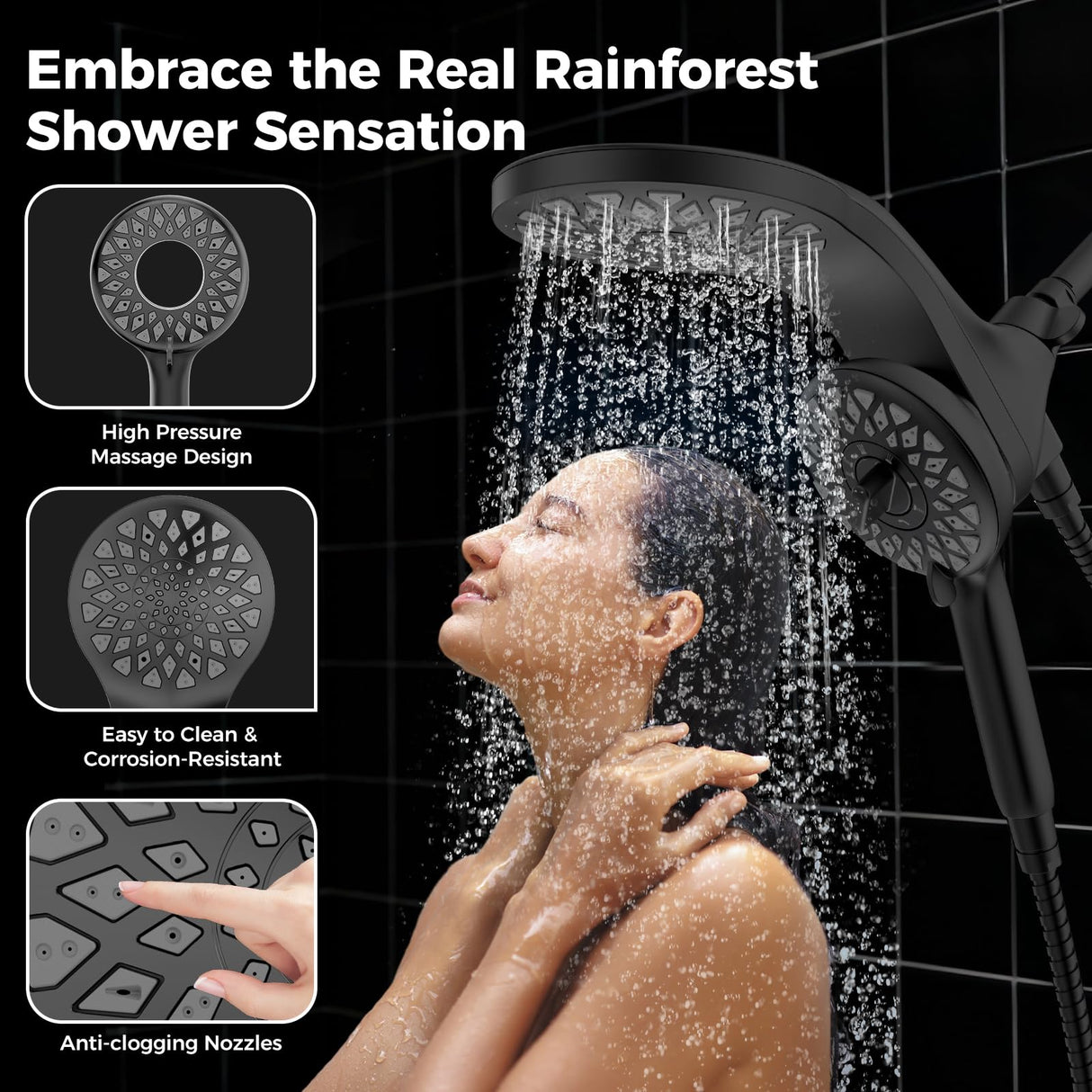 Newfinde High Pressure Rain Shower Head with Handheld Spray Combo: Detachable Dual Shower Head with 10 Sprays Modes - Upgrade Knob Spray Mode Selector and Magnetic Guidance Docking System