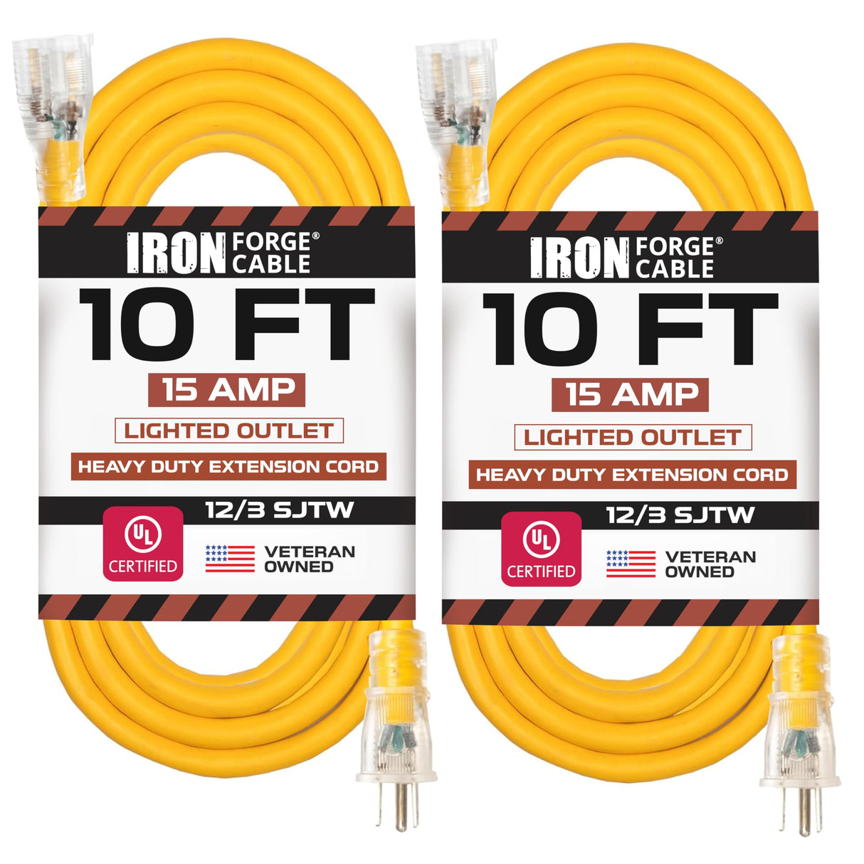 IRON FORGE CABLE 2 Pack of 10 Foot Outdoor Extension Cords - 12/3 SJTW Heavy Duty Lighted Yellow Extension Cable Set, 15 AMP