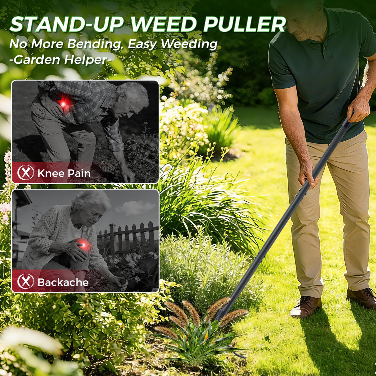 RexWeed Stand Up Weed Puller Tool, 46" Adjustable All-Metal Long Handle Weeder with 4-Claw Steel Head, Remove Weeds by Roots Without Bending or Kneeling, Heavy Duty Garden Tool Back & Knee Friendly