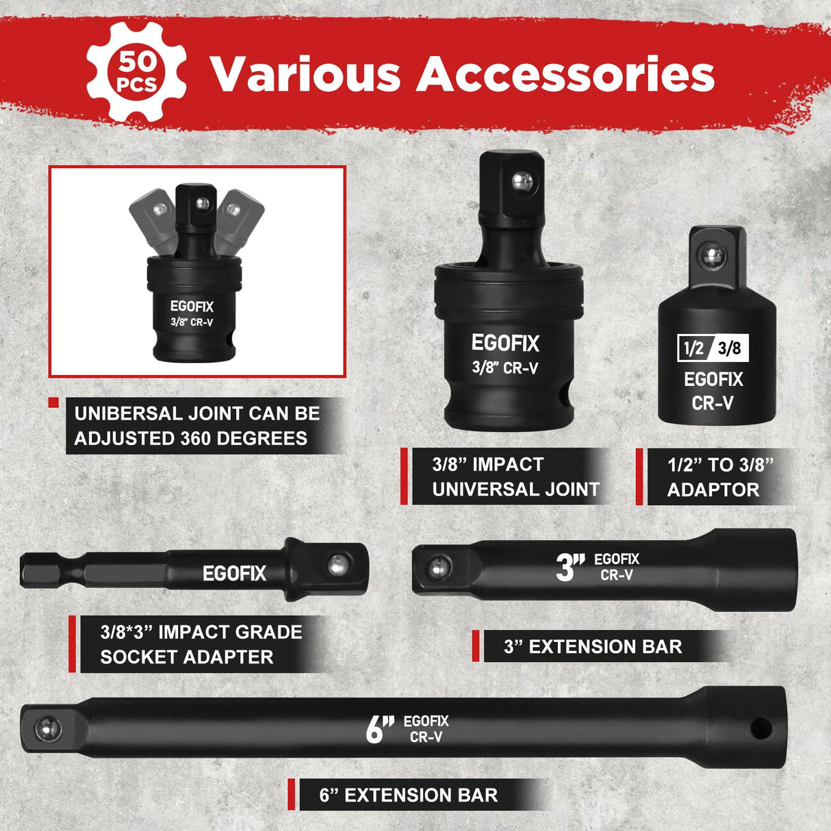 EGOFIX 3/8" Drive Impact Socket Set, 50 Piece Standard SAE (5/16 to 3/4 inch) and Metric (8-22mm) 6 Point, with Adjustable Ratchet Handle, Extension Bars, Impact Universal Joint, Adapter, Cr-V Steel