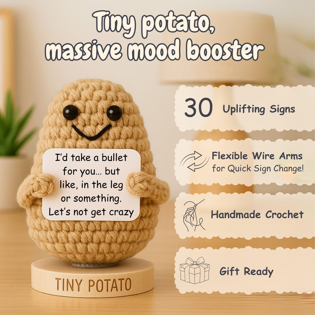 Funny Friendship Gift - Tiny Potato Crochet With 30 Sassy Messages for Women Friends Bestie Coworker Sister - Best Friend Birthday Gifts for Women, Emotional Support Encouragement Present Idea for Her