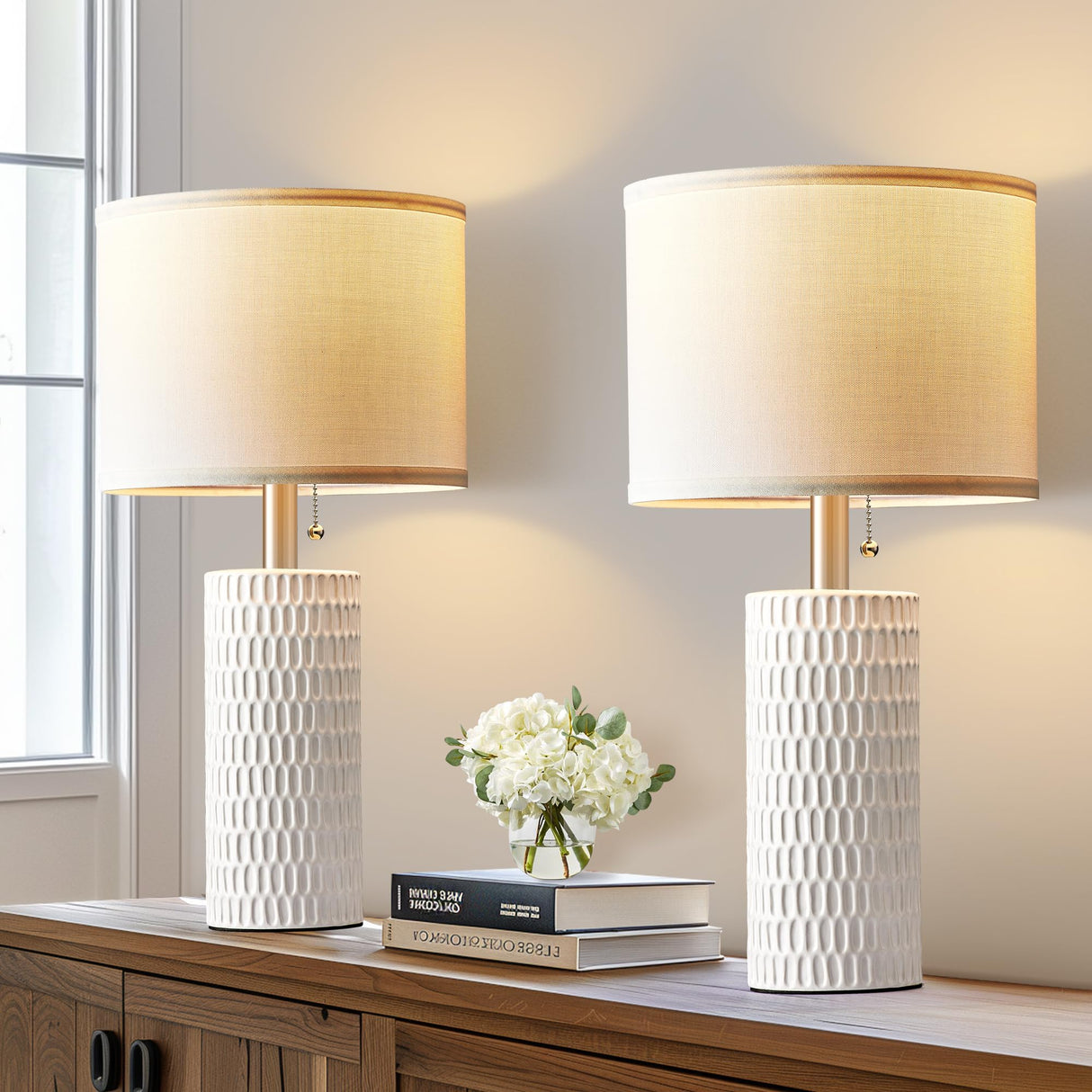 Reaketon 20" Modern Ceramic Table Lamps for Bedroom Set of 2, Small Table Lamps for Night Stands, Living Room, Home Office and Hallways, White