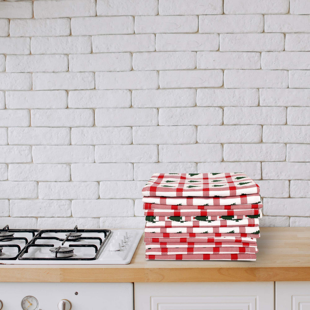 Urban Villa Christmas Kitchen Towels Christmas Tree Print Premium Quality 100% Cotton Dish Towels Mitered Corners Ultra Soft (Size: 20X30 Inches) Highly Absorbent Bar Towels & Tea Towels - (Set of 6)