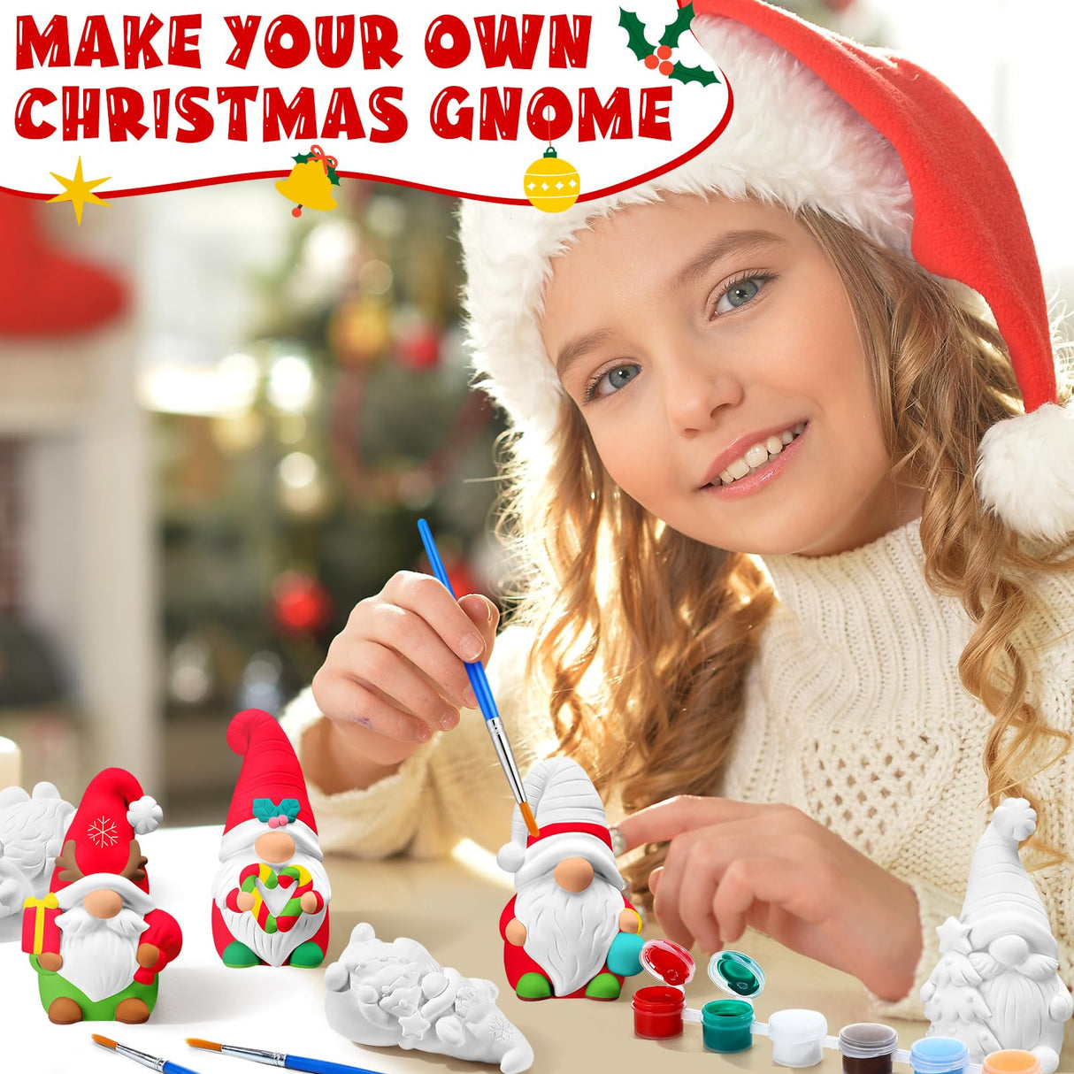 PullCrease 8 Pcs Christmas Ceramics Gnome to Paint Ready to Painting Your Own Gnome Statues DIY Unpainted Ceramics Paintable Figurines Kit Crafts with Brush Palette for Boys Girls