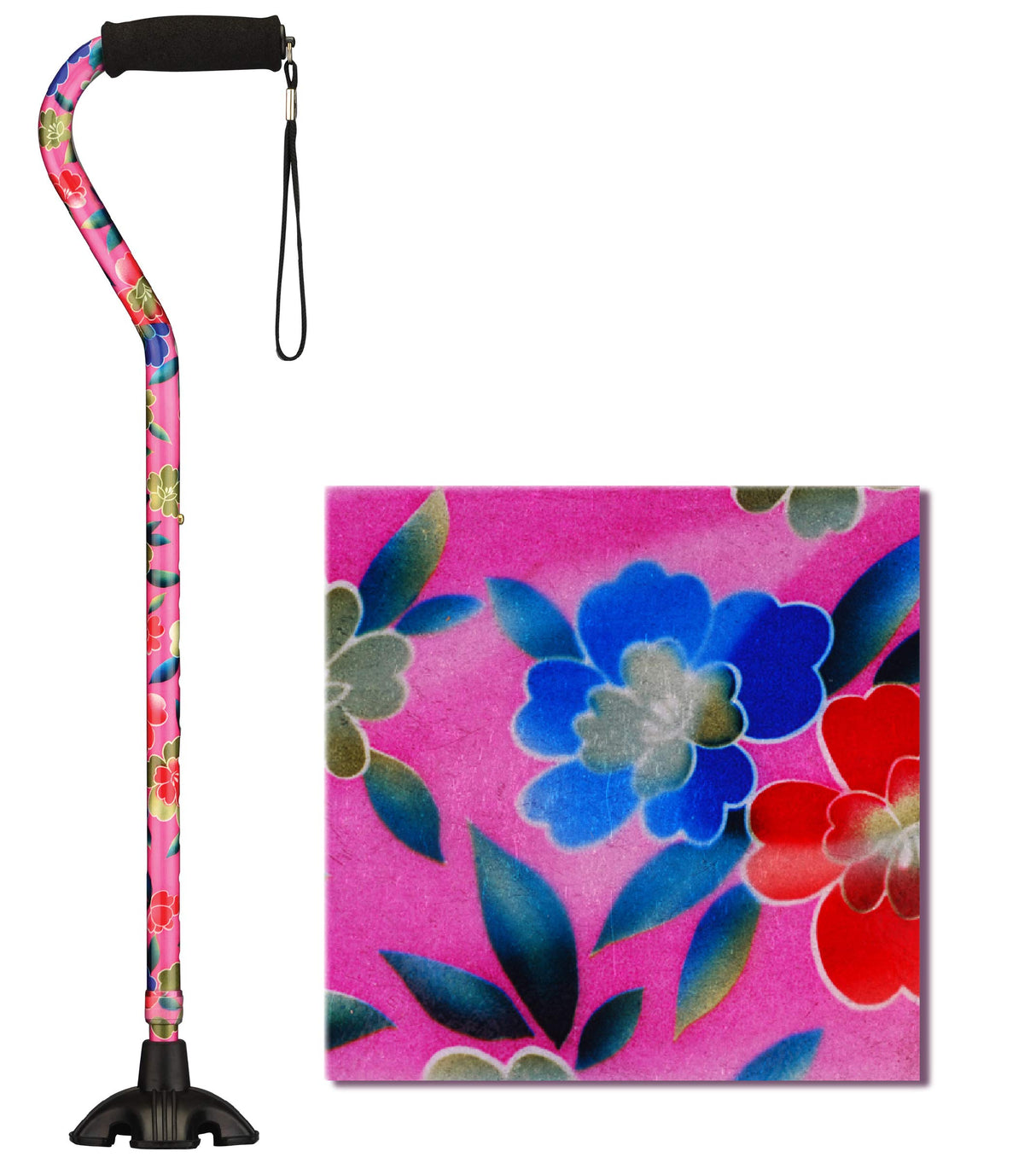 NOVA Medical Products Sugarcane, Walking Cane with Quad Tip and Carrying Strap, Stand Alone Cane, Pink Garden Design