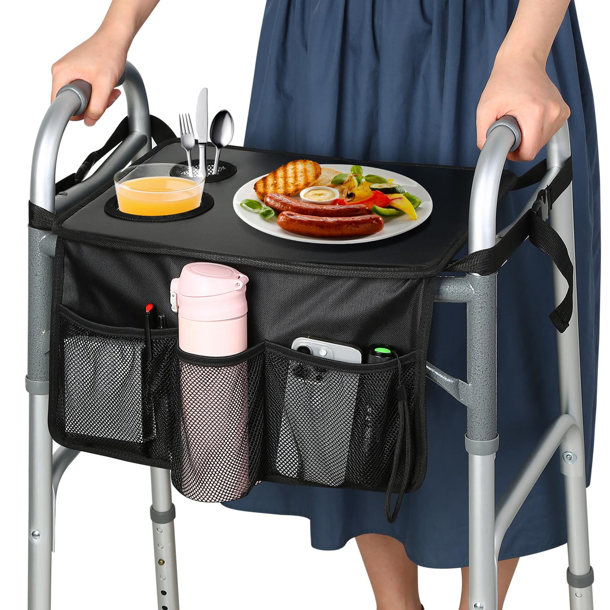 HOOMTREE Walker Tray for Folding Walker, Trays for Walkers for Seniors Detachable with Cup Holder,Walker Trays for Rolling Folding Walker,Walker Accessories for Elderly