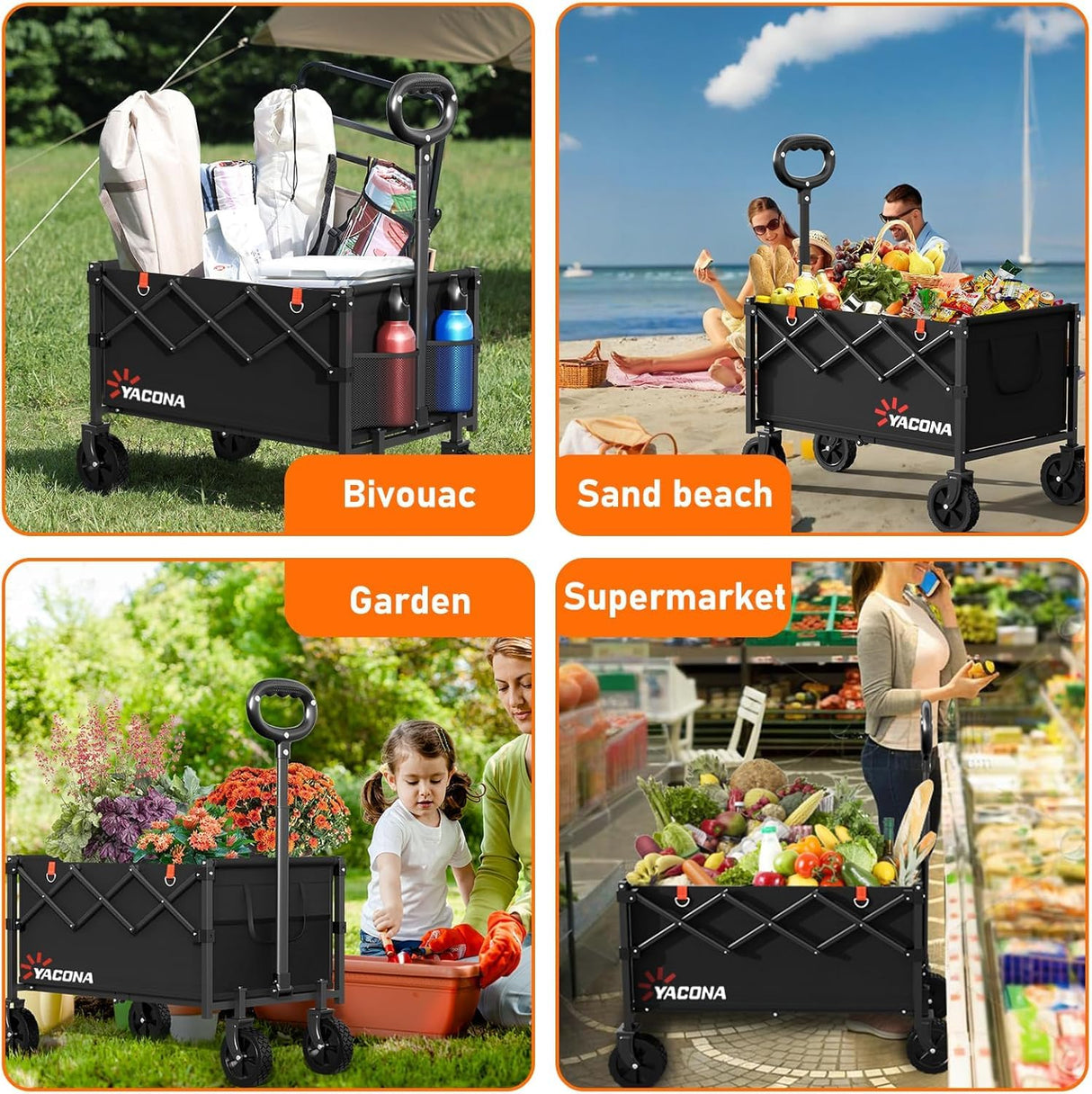 Yozoia Wagons Carts Foldable, Lightweight Portable Utility Shopping Cart with Wheels, Folding Grocery Wagon Cart for Grocery, Camping, Shopping, Beach, Garden, Sports Black