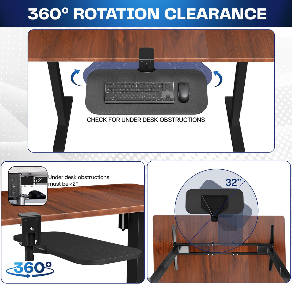 VIVO Clamp-on 23 x 10 inch Rotating Computer Keyboard and Mouse Tray, Extra Sturdy Desk Swivel Clamp, Ergonomic Typing, Black, MOUNT-KB04CB