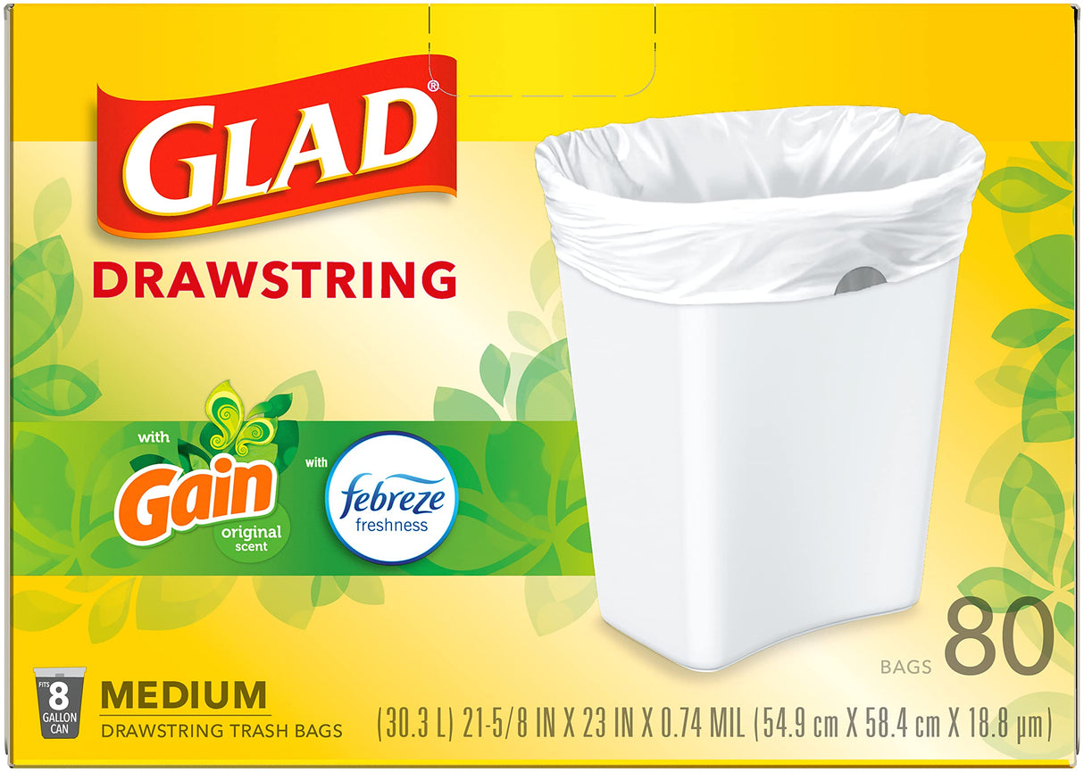 Glad Medium Drawstring Trash Bags, 8 Gal, Gain Original with Febreze, 80 Ct (Package May Vary)