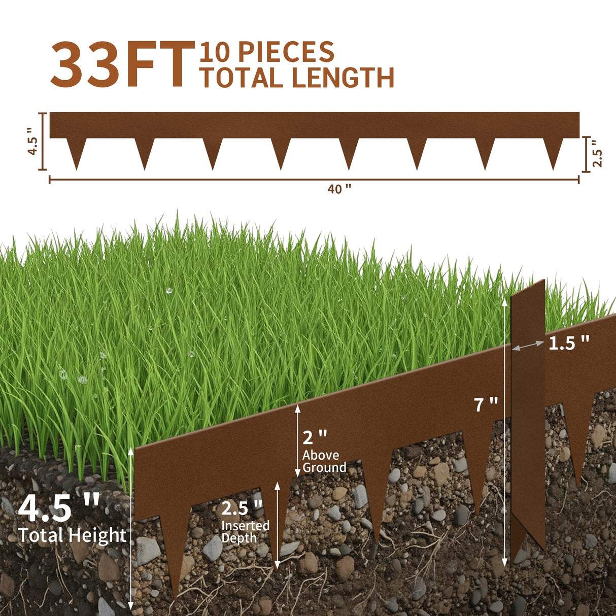 Worth Garden 33ft. Galvanized Steel Landscape Edging - 10-Pack 40" Metal Edging for Landscaping with 11 Stakes, Bronze Powder Coating Hammer-in Lawn Edging for Yard Pathway Divider