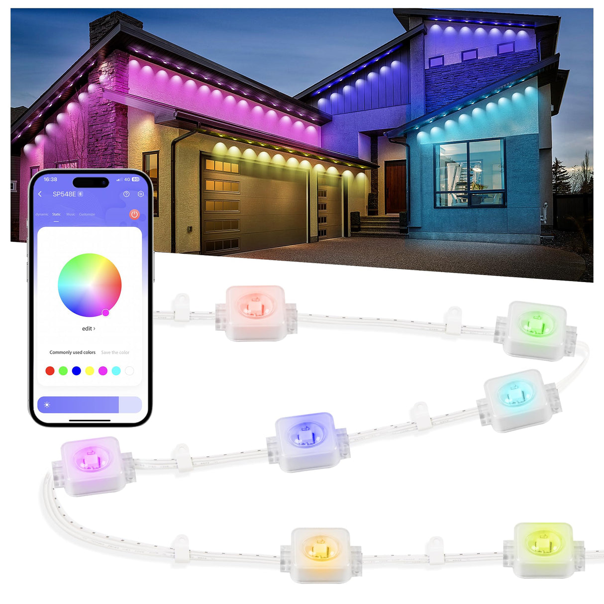 Nexillumi Permanent Outdoor Lights for House, 100ft Smart RGB Outside Lights with 72 Scene Modes, IP68 Waterproof Eaves Lighting for Christmas All Holiday Decorations