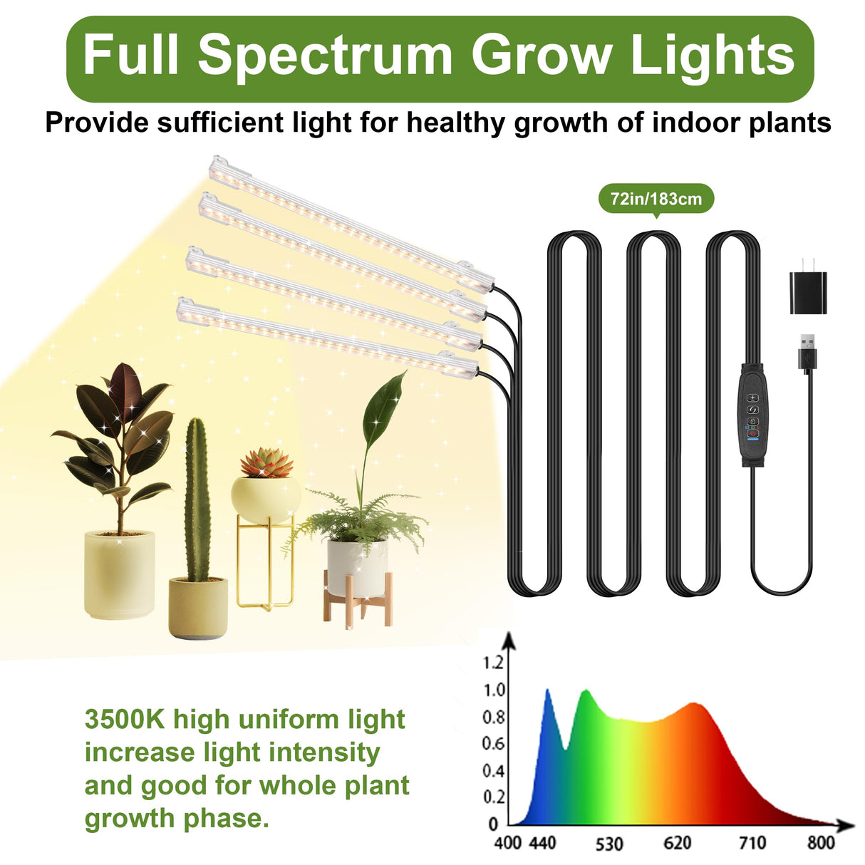 8.6'' LED Grow Light Strips, Full Spectrum 3500K Grow Lights for Indoor Plants, 4 Head with 3/9/12H Timer, 10 Dimmable Levels, Suitable for Seedling, Succulent, Plant Shelf and Greenhouse, 1-Pack