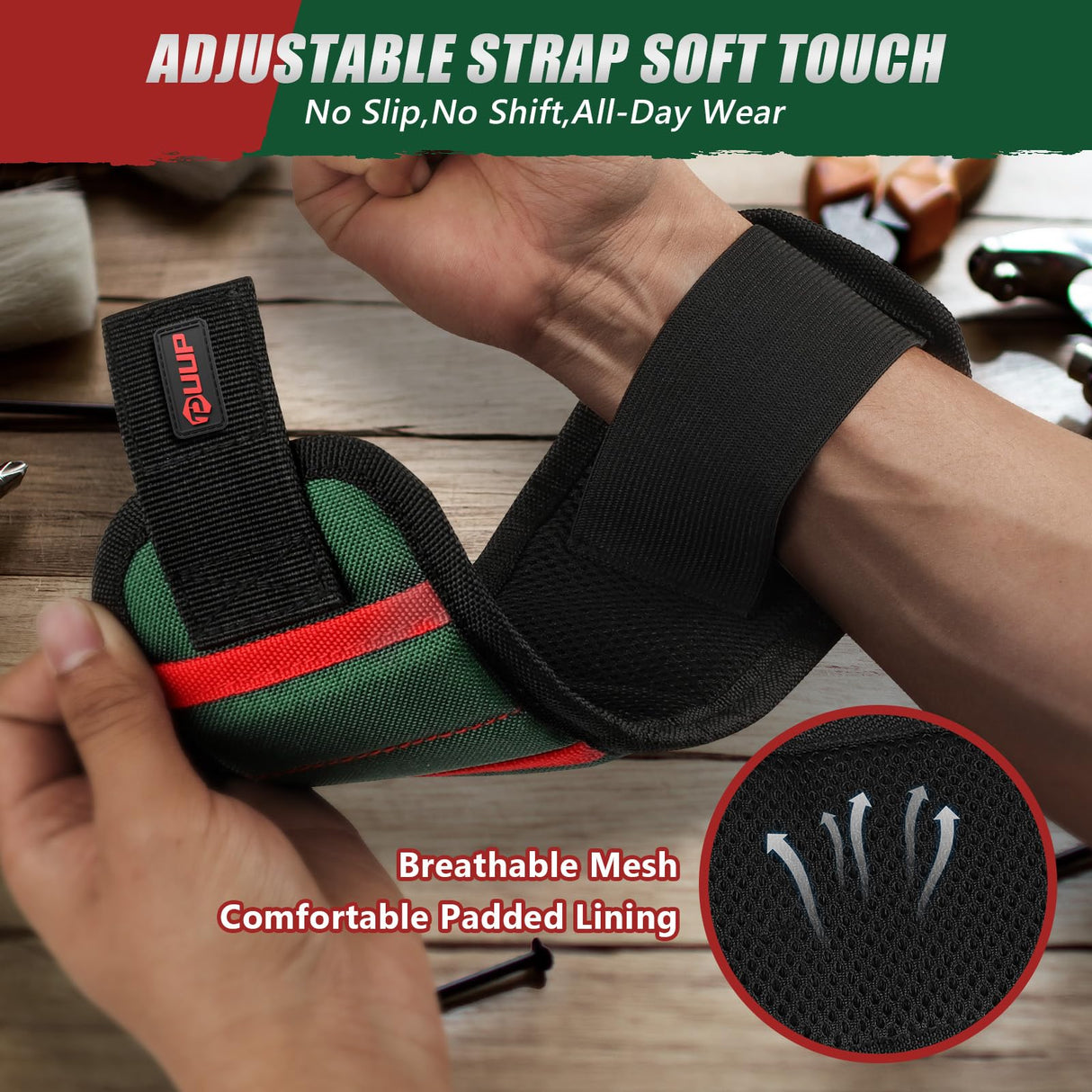 UUP Magnetic Wrist band with LED Light, Magnet Tool Belt Wrist Band for Screw and Nail, Adjustable Wrist Tool Holder, Father‘s Day Gifts for Men, Dad, Him, Mechanic, Woodworker, Handyman