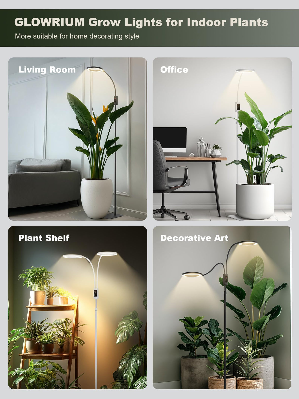 GLOWRIUM Smart Grow Lights for Indoor Plants, 48W Full Spectrum Plant Lights with Bluetooth App, Adjustable Height 47-70.9", Auto Timer, Indoor Plant Lamp for Large Tall Plants(Black 48W)