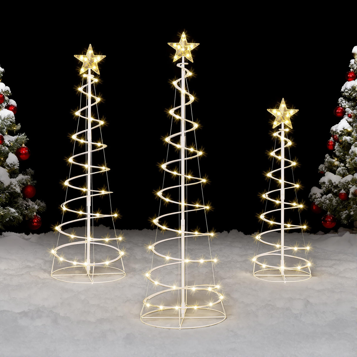 JOIEDOMI 3 Pack Spiral Christmas Tree Lights, 218 LED Outdoor Lighted Tree with Star Topper & Stakes, Christmas Decorations for Yard Porch Patio Garden Holiday Xmas Eve Night Décor, Warm White