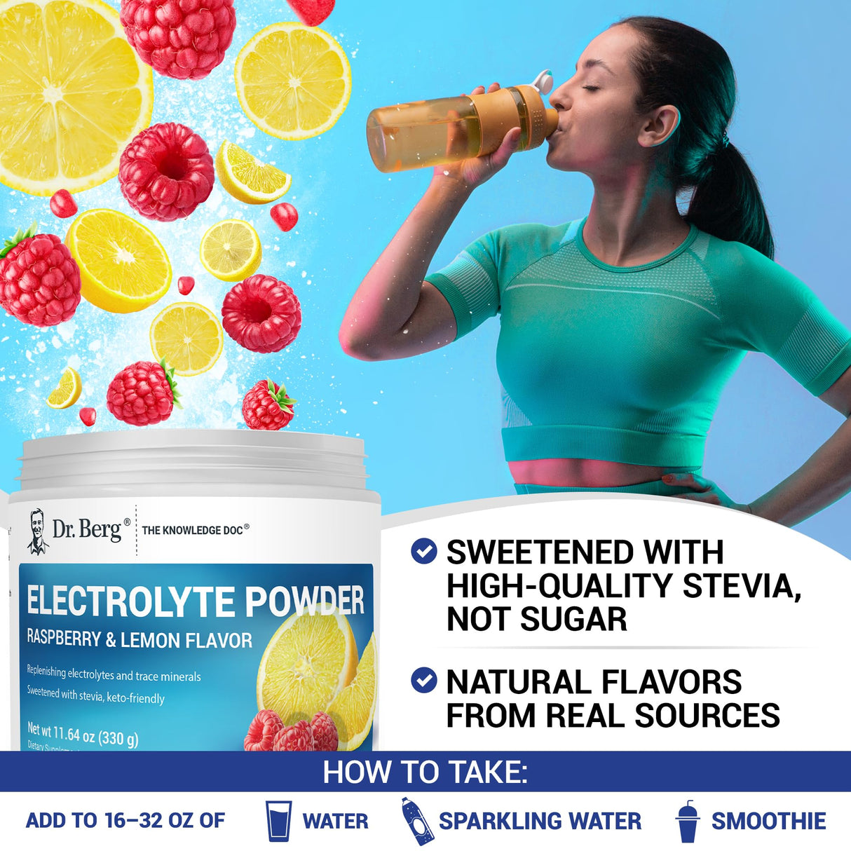 Dr. Berg Zero Sugar Hydration Keto Electrolyte Powder - Enhanced w/ 1000 mg of Potassium & Real Pink Himalayan Salt (NOT Table Salt) - Raspberry & Lemon Flavor Hydration Drink Supplement - 50 Servings
