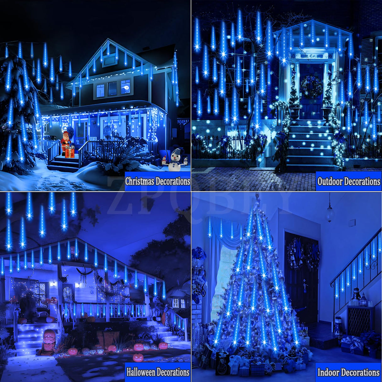 ZPQBEYE Christmas Lights Outdoor Meteor Shower Lights 24-Tube 576LEDs Snow Falling Rain Cascading Icicle Light for Xmas Tree Christmas Decorations Wedding Party Holiday Garden Decor, UL Plug Blue
