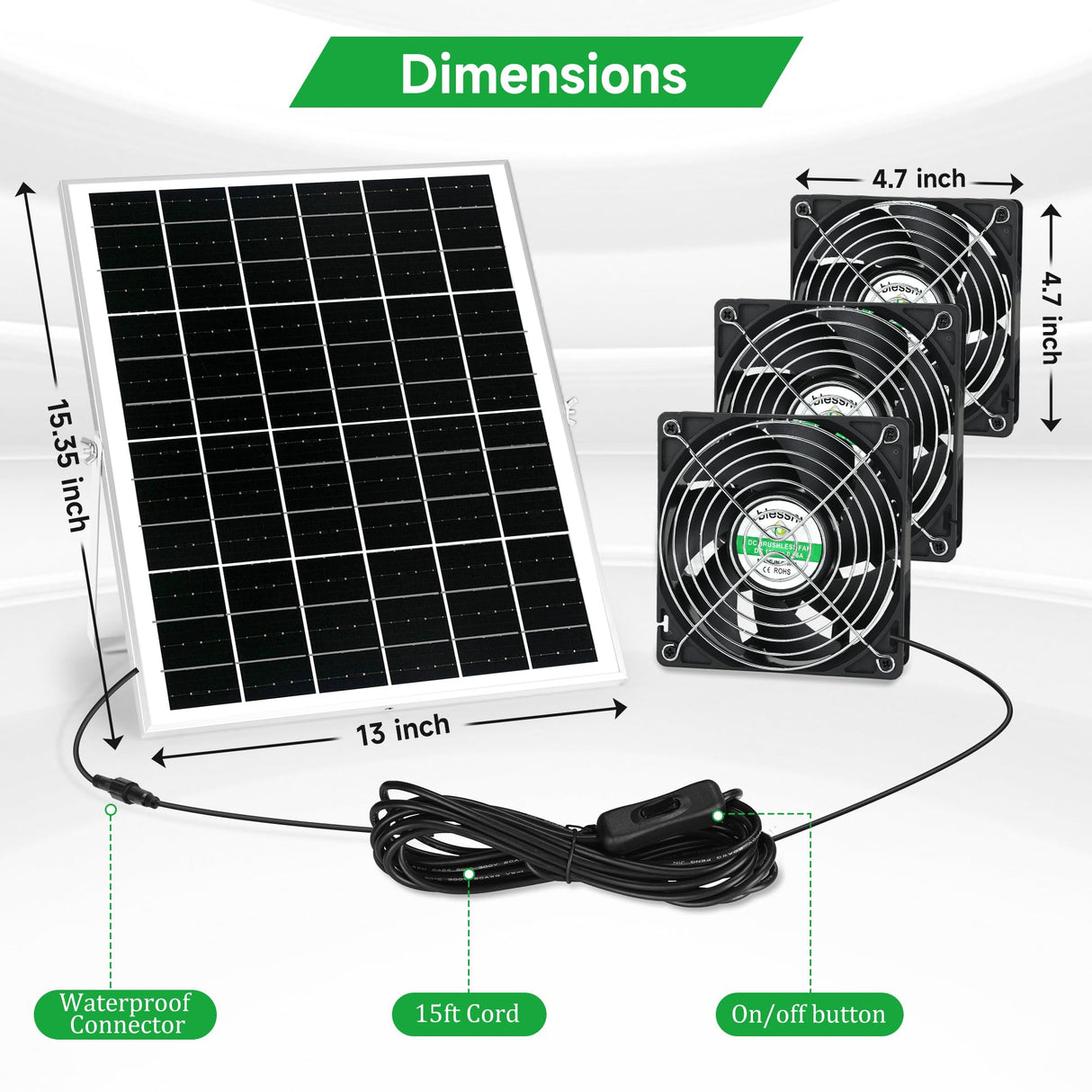 blessny Solar 3 Fan Kit for Intake or Exhaust air, Weatherproofed Solar Powered Fans for Outside Chicken Coops, Greenhouses, Shed, Pet House Air Ventilation