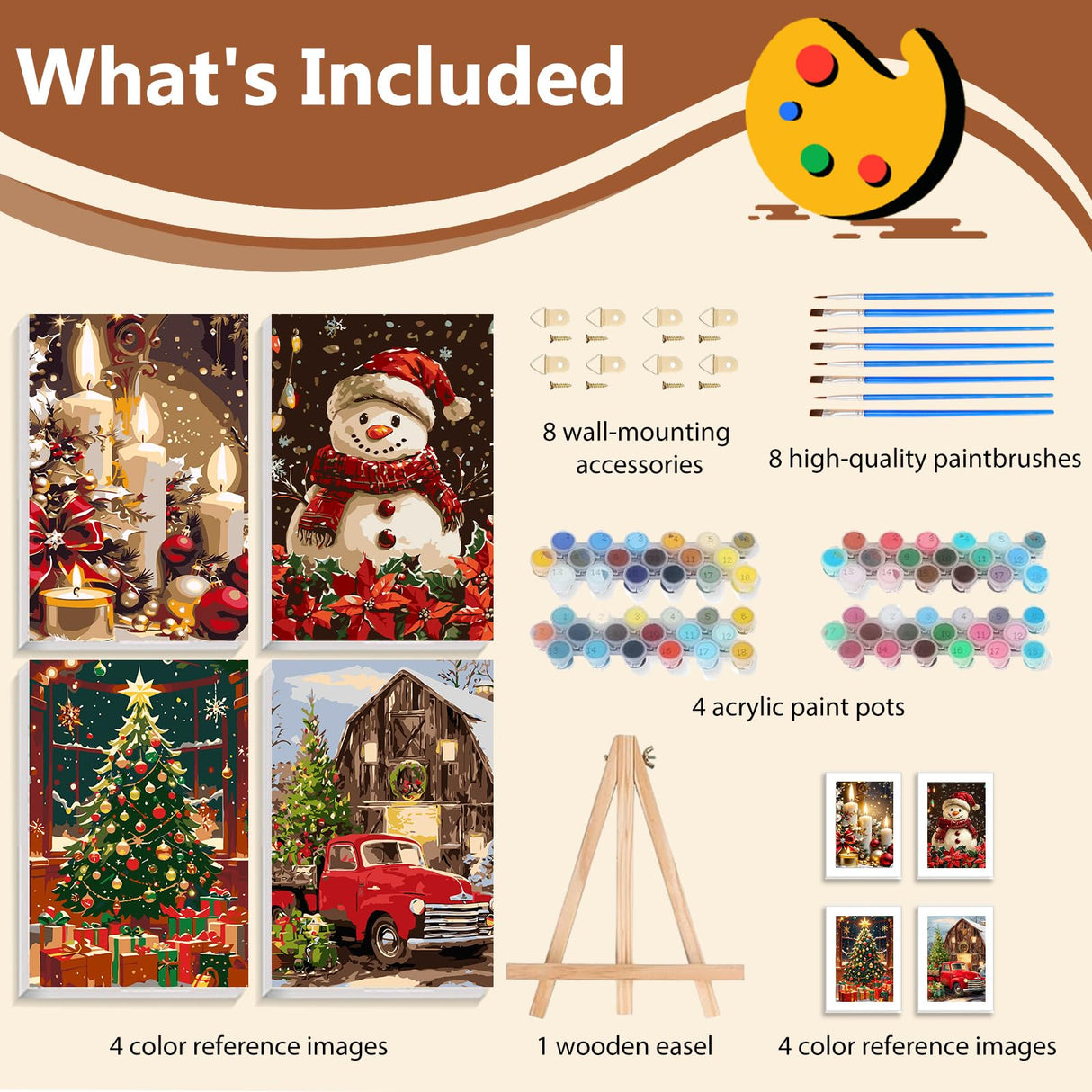 Reivworl 4 Pack Framed Paint by Numbers for Adults with Wooden Easel, Christmas Paint by Numbers Kit for Adults Beginner, Acrylic Painting by Number for Home Decor 8X12 Inch