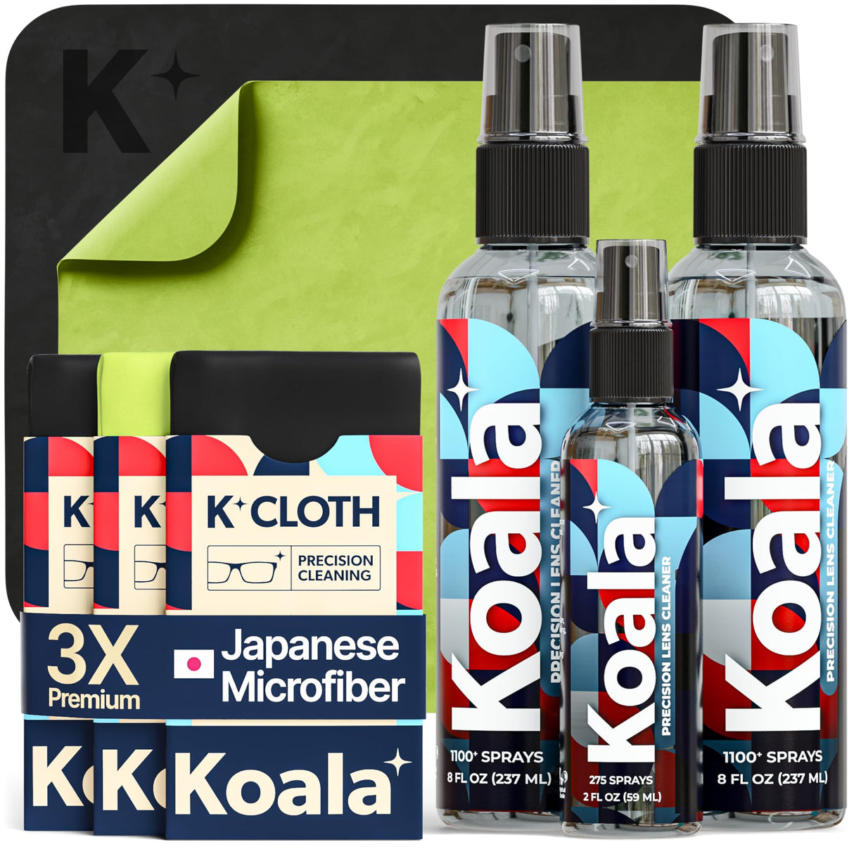 Koala Eyeglass Lens Cleaner Spray Kit | (2x) 8oz + (1x) 2oz Glasses Cleaner Bottle + (3x) Microfiber Cloth | Alcohol Free Eyeglasses, Screen, and Camera Cleaning Kit (6 Piece Set)