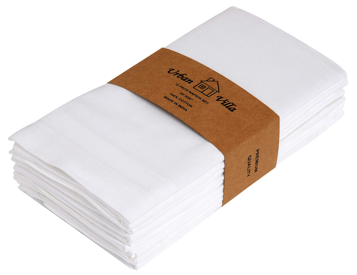 Urban Villa White Cloth Napkins Set of 12 100% Cotton Dinner Napkins Cloths Washable 20”x20” Absorbent Soft Durable Reusable-Ideal for Everyday Use Parties Wedding Thanks Giving Christmas Halloween