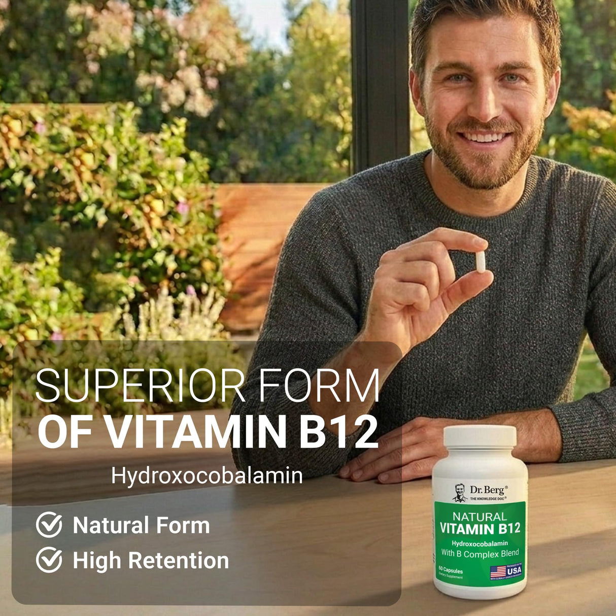 Dr. Berg Natural Vitamin B12 1000 mcg (Hydroxocobalamin) 60 Capsules β Energy, Brain & Nervous System Support* β w/B-Complex + Magnesium β 4X Lab Tested, GMO-Free, No Fillers