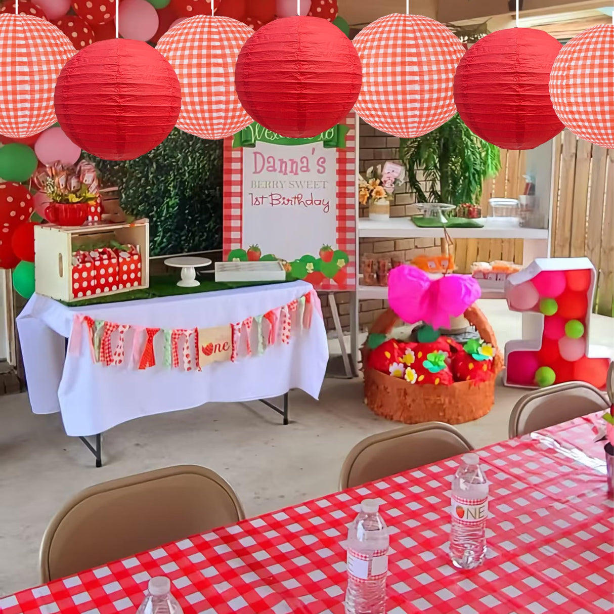 BEISHIDA Red White Plaid Round Paper Lanterns Decorative Hanging Asia Chinese Japanese Paper Lanterns Lamp for Birthday Wedding Baby Bridal Shower Home Decor Party Decoration(6Packs)
