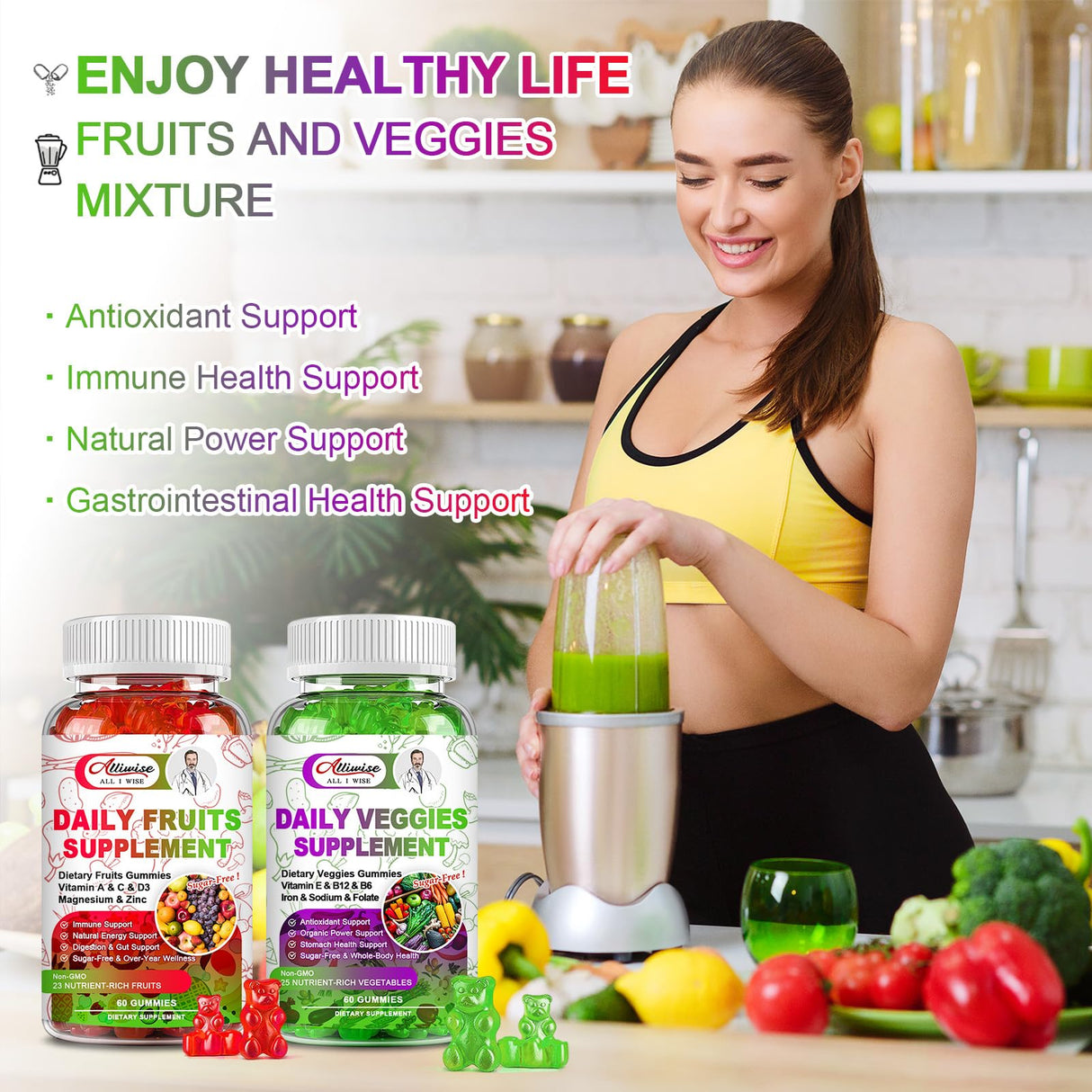 Sugar-Free Fruits and Veggies Gummies Supplement, Multi-Vitamins & Minerals in Gummies, Natural Fruits and Vegetables Supplement, Immunity & Antioxidant & Energy Supplements for Women & Men