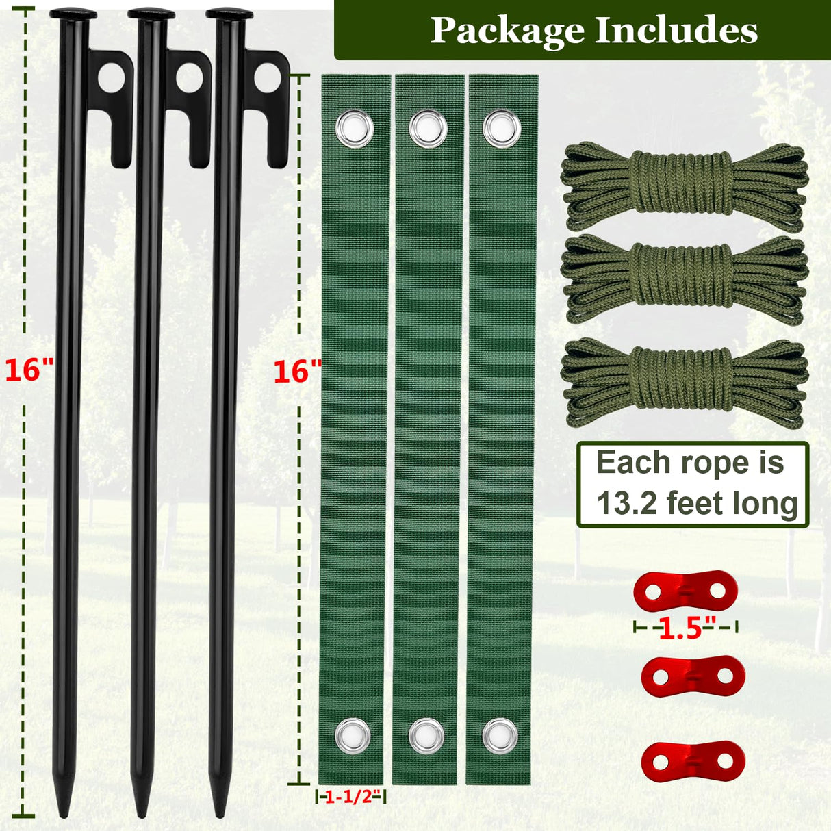 Tree Stakes and Supports, Heavy Duty Tree Stakes Kit Include 3Pcs Tree Straps for Staking, 3Pcs 16" Steel Spikes, and 39Ft Rope, Tree Supports for Young Tree Anti Strong Wind, Bad Weather