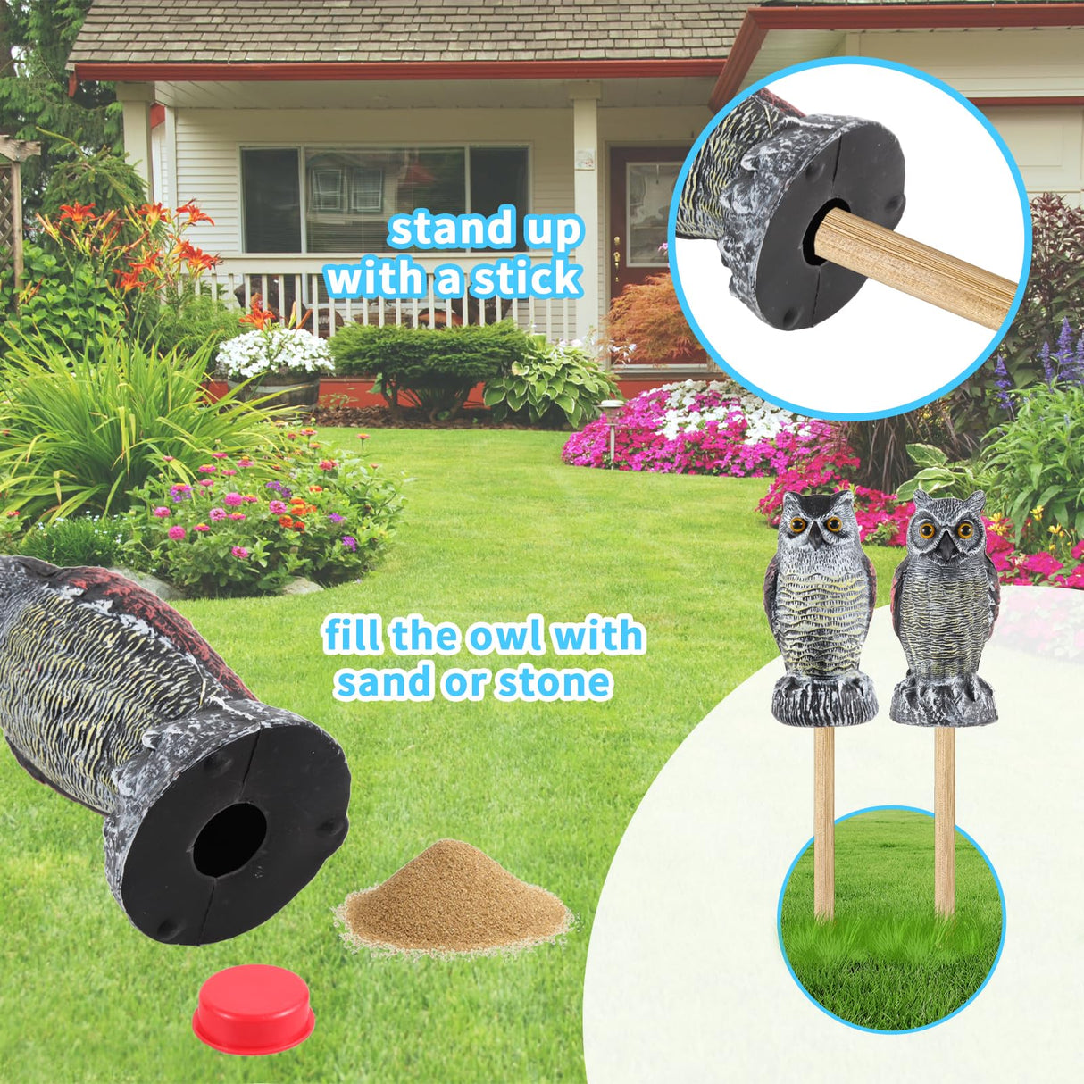 Hedoc 2 Pack Fake Owl Decoys to Scare Birds Away, Great Horned Owl Bird Deterrents, Nature Scarecrow Plastic Pest Repellent, Garden Decor and Yard Decoration for Gardens and Rooftops