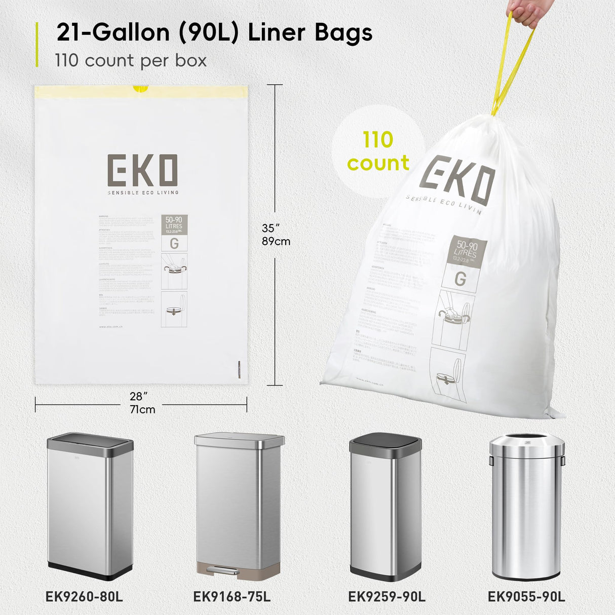 EKO Extra Strong 21 Gallon Large Trash Bags, Heavy-Duty Drawstring Kitchen & Household Garbage Bags (80L), Leak-Resistant, 110 Count, Code G