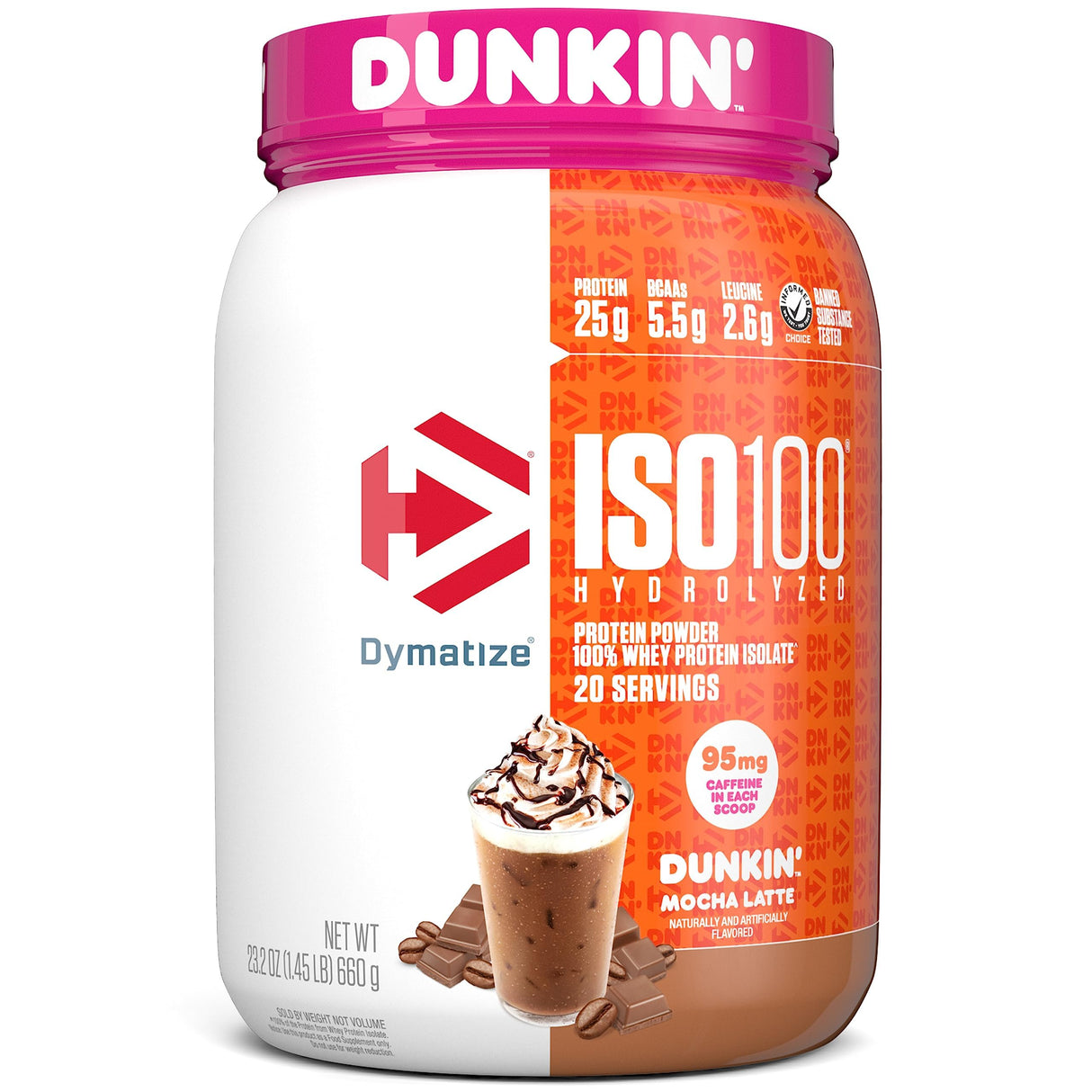 Dymatize x Dunkin' Mocha Latte ISO100 Whey Protein Powder, 95mg Caffeine, 25g of Protein, 20 Servings, 5.5g BCAAs, 120 Cal., Gluten Free, 1g Fat, 1g Sugar, 3g Carb