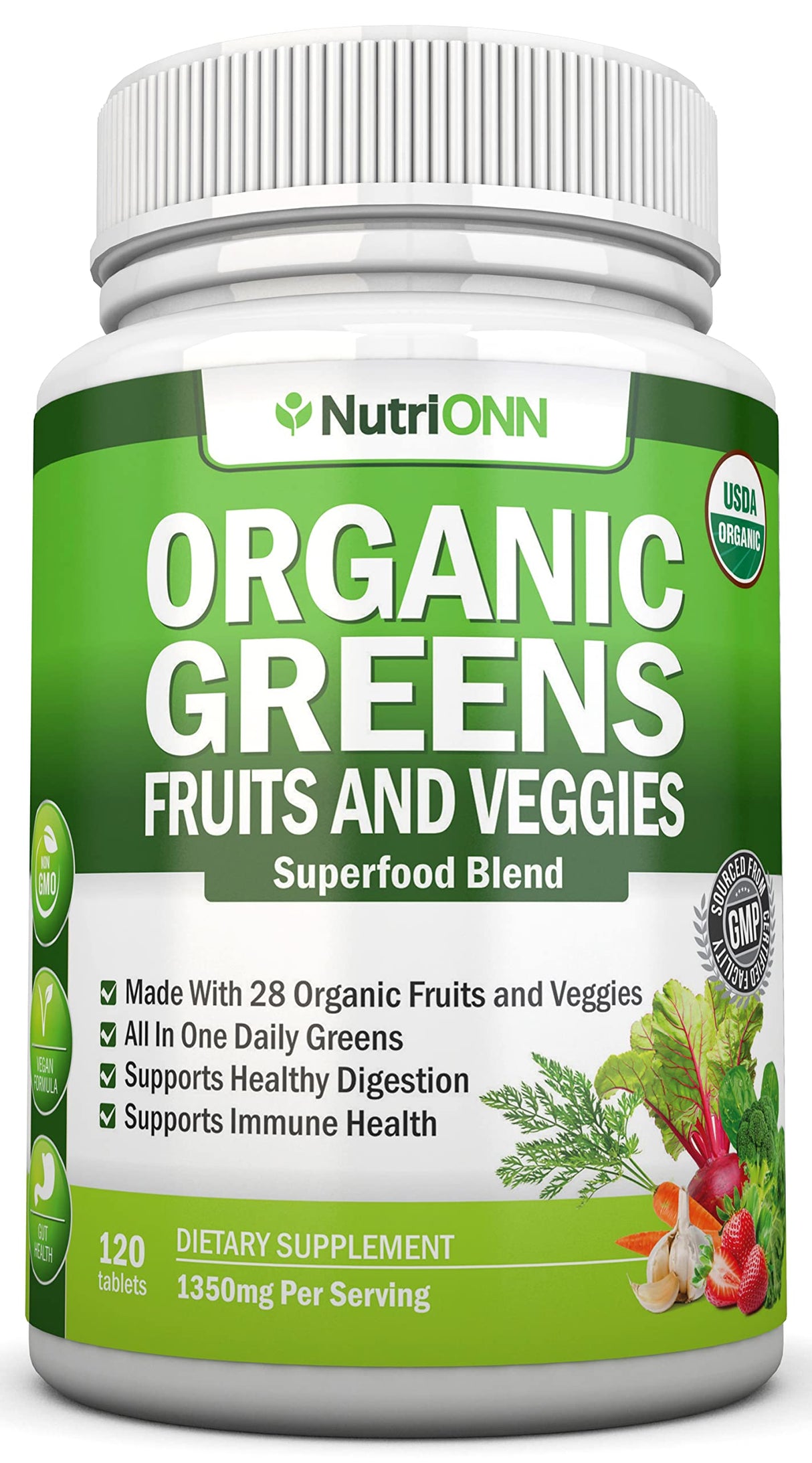 Organic Super Greens Capsules - Fruit And Vegetable Supplements - 120 Count - 28 USDA Organic & Vegan Premium Ingredients - Superfood Blend For Immune Health, Digestion & Energy - Whole Food Vitamins