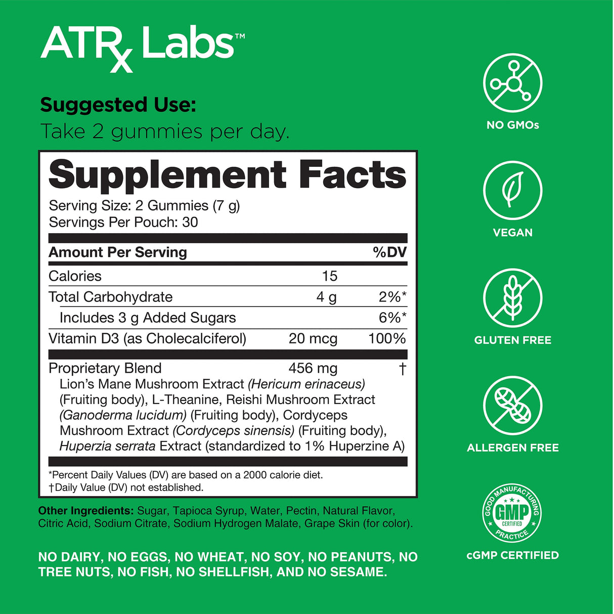ATRx Labs Ultimate Mushroom Daily Gummies - Mushroom Gummies with Cordyceps, Lion’s Mane, and Reishi, Plus Huperzine A & L-Theanine, May Improve Mood and Energy, Apple Berry Flavor, 60 Gummies