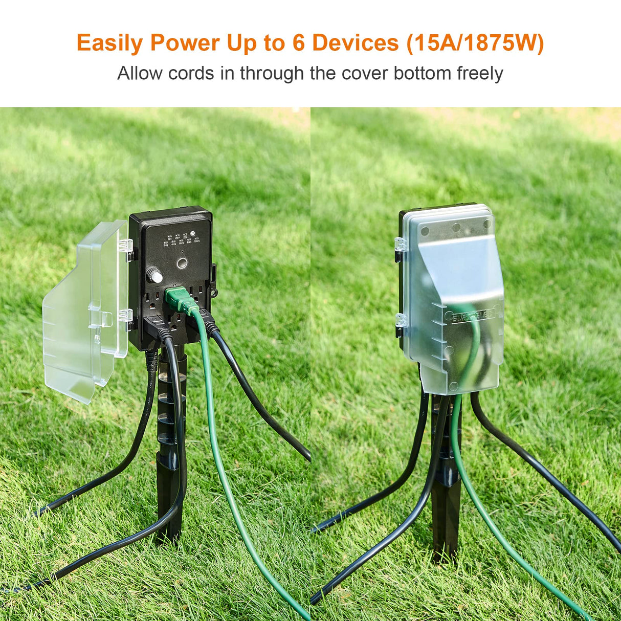 SURAIELEC Outdoor Power Stake Light Timer, Dusk to Dawn, 6 Electrical Outlet Power Strip Weatherproof, 6FT Extension Cord Multiple Outlet for Patio Lights, Sprinkler, Garden, Christmas Decorations