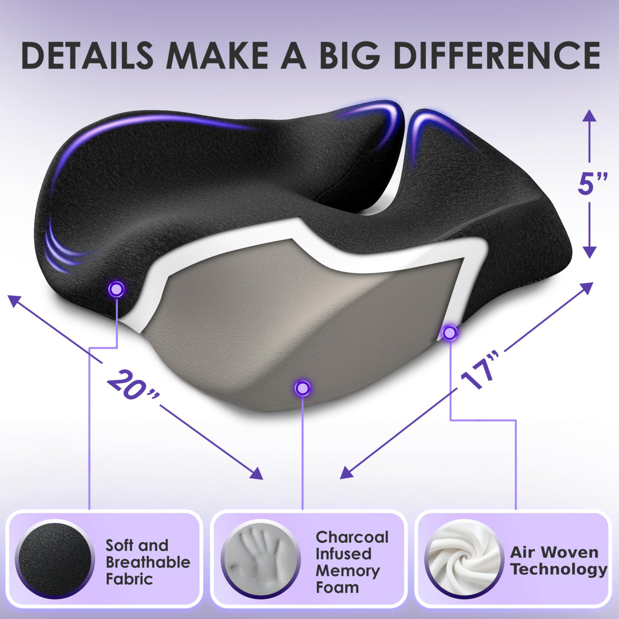 X Large Seat Cushions for Office Chairs– Pressure Relief Seat Cushion for Tailbone Pain, Back Pain, Coccyx & Sciatica Pain Relief Pillow – Office Chair Cushion with Extra Cover(Gray)