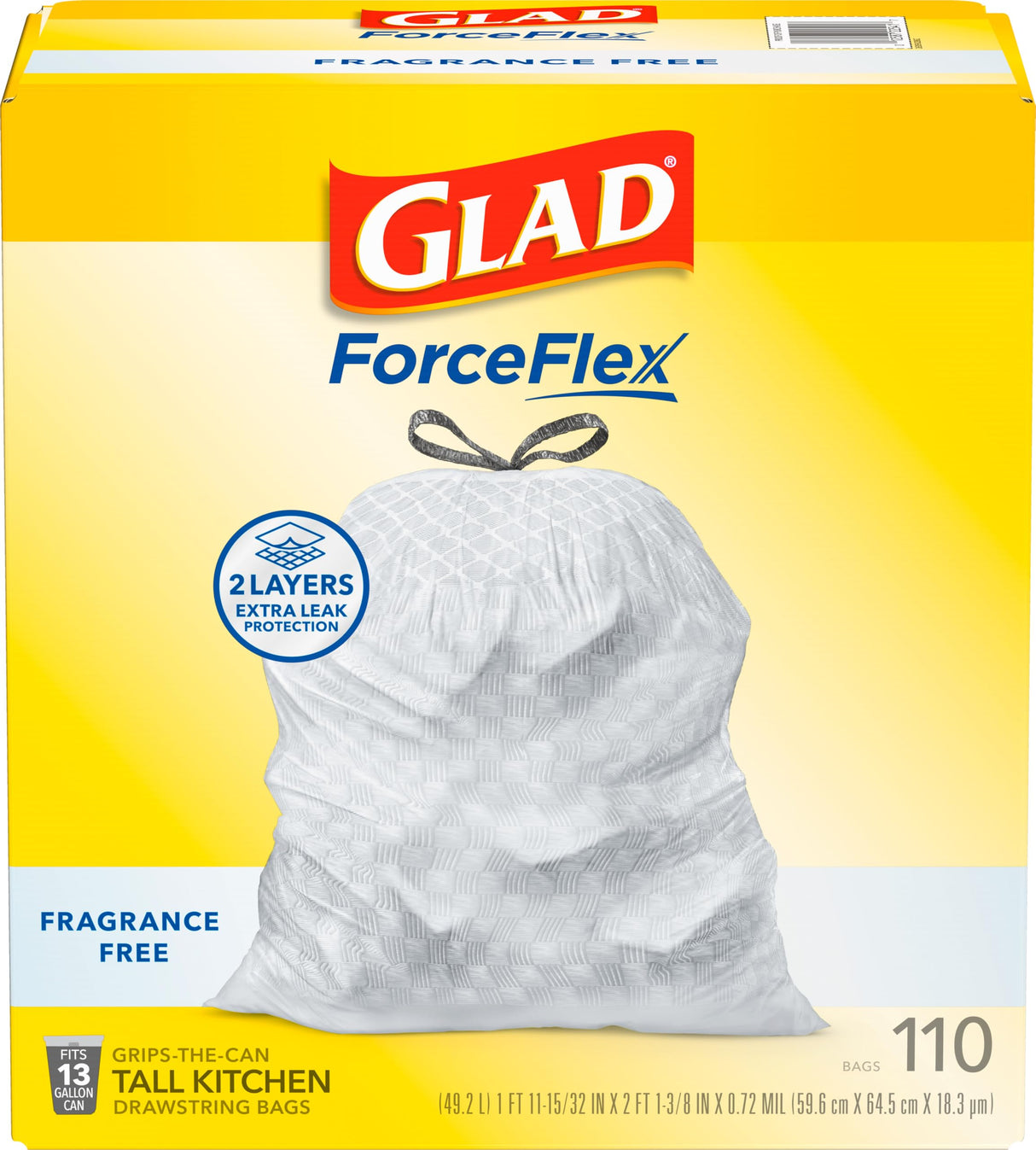 Glad Tall Kitchen Trash Bags 13 Gallon, Fragrance Free Garbage Bags, Odorshield with Drawstring, 110 Count