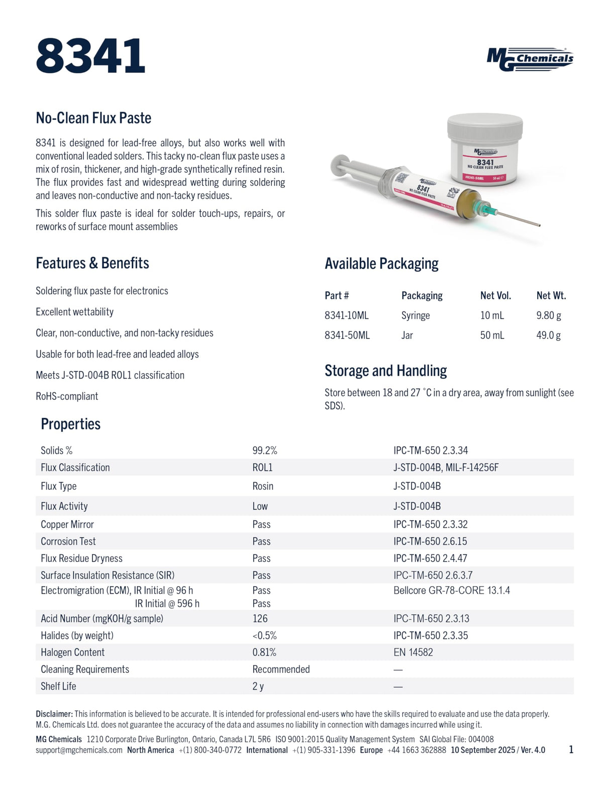 MG Chemicals - 8341-10ML 8341 No Clean Flux Paste, 10 milliliters Pneumatic Dispenser (Complete with Plunger & Dispensing Tip)