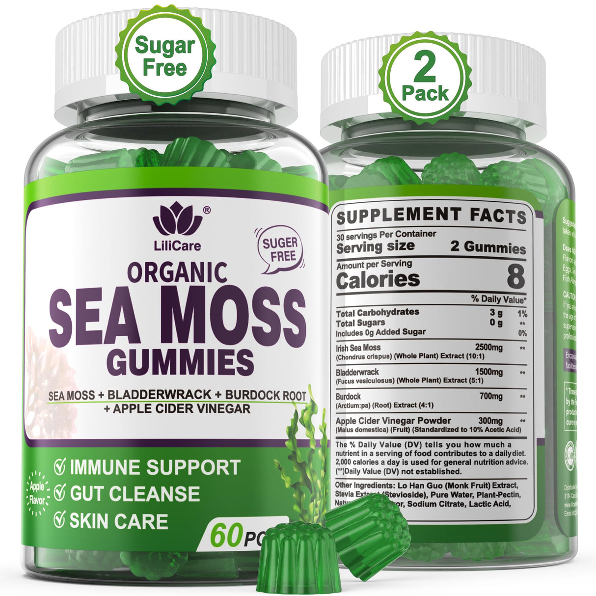 (2 Pack) Sea Moss Gummies - Irish Sea Moss Gummies for Adults & Kids - Advanced Superfood Seamoss Supplement with Organic Bladderwrack & Burdock Root Extract,ACV for Daily Immune, Gut Cleanse, Vegan