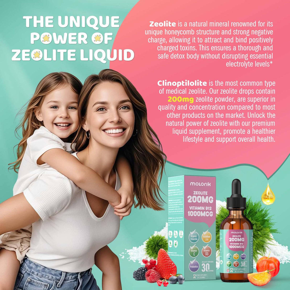 Zeolite Detox for Kids, 200mg Zeolite Liquid Drops with 1000mcg Vitamin B12, 250mg Organic Chlorella, 10 Billion CFU and Prebiotics for Gut Support & Speech, Immune, Bone, Energy, Strawberry, 60ML