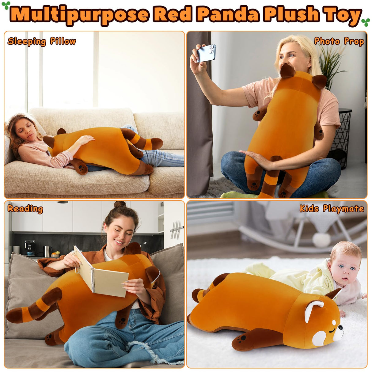 Auspicious beginning 30'' Giant Red Panda Plush Stuffed Animal - Large Sleeping Plush Toy Pillow, Cute Hugging Plushie, Room Decor, Christmas Birthday Gifts for Kids Girls Boys