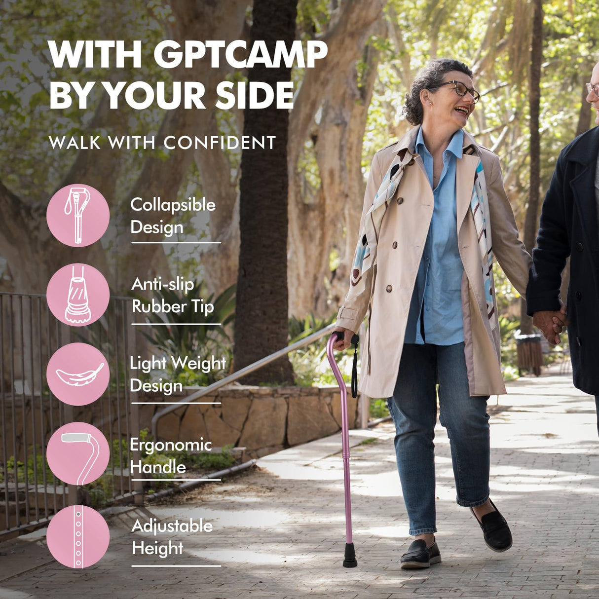 GPTCAMP Walking Cane and Walking Stick for Men Women,Lightweight Folding Canes with Offset Soft CushionedHandle,Adjustable&Collapsible,Mobility & Leg Surgery Recovery(Pink)