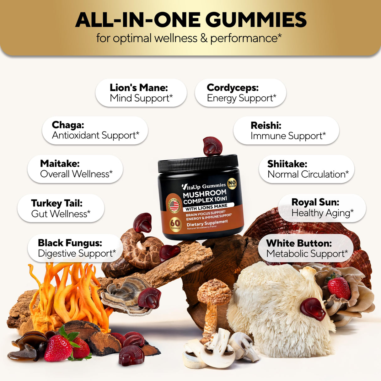 VitaUp Mushroom Gummies for Adults - USA Made 10 in 1 Mushroom Supplement - Mushroom Complex with Lions Mane, Cordyceps, Turkey Tail, Reishi, Shiitake for Cognitive & Immune Support - 60 Count